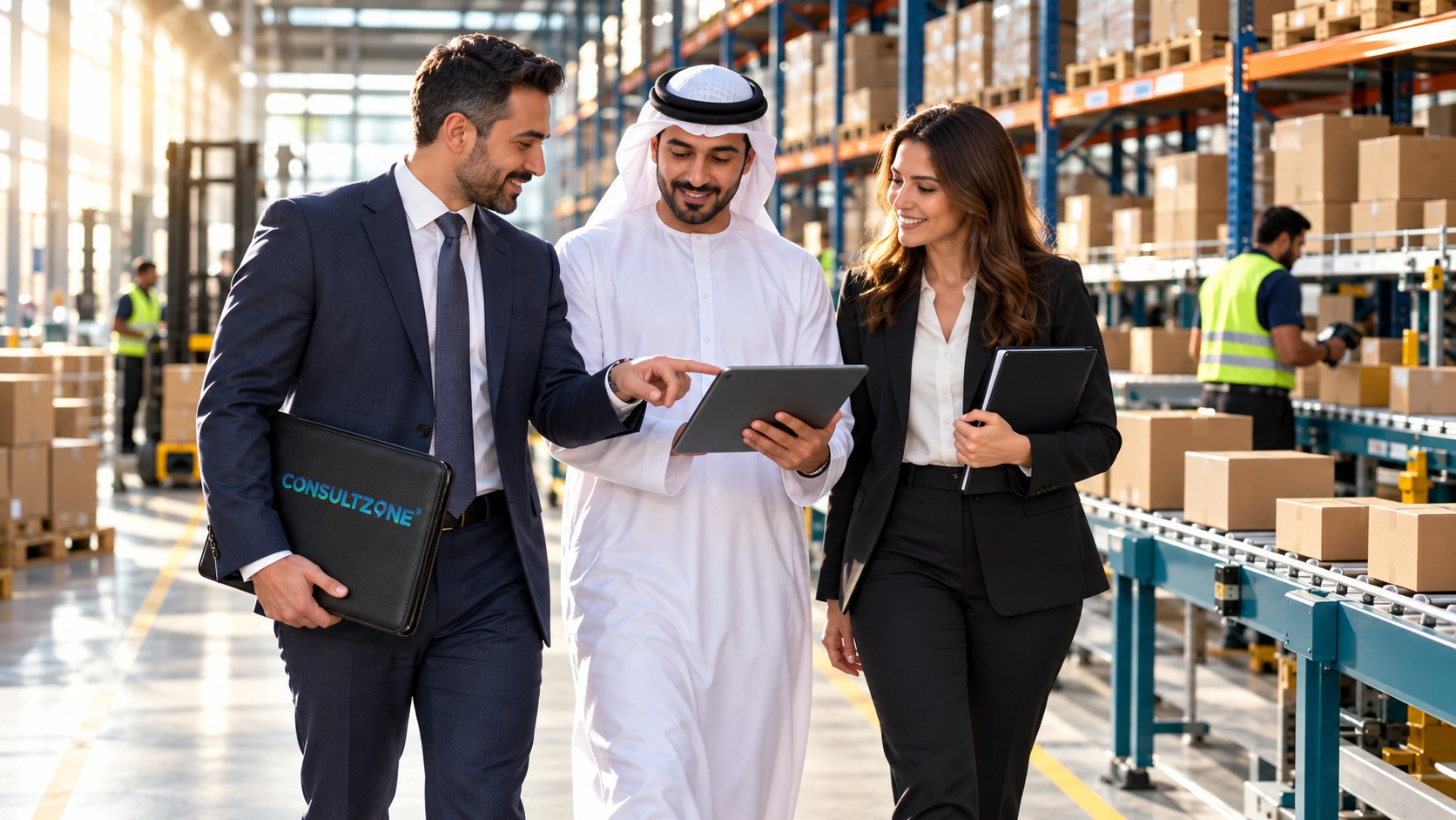 Three colleagues walk a distribution centre aisle, one pointing at a tablet between racked pallets